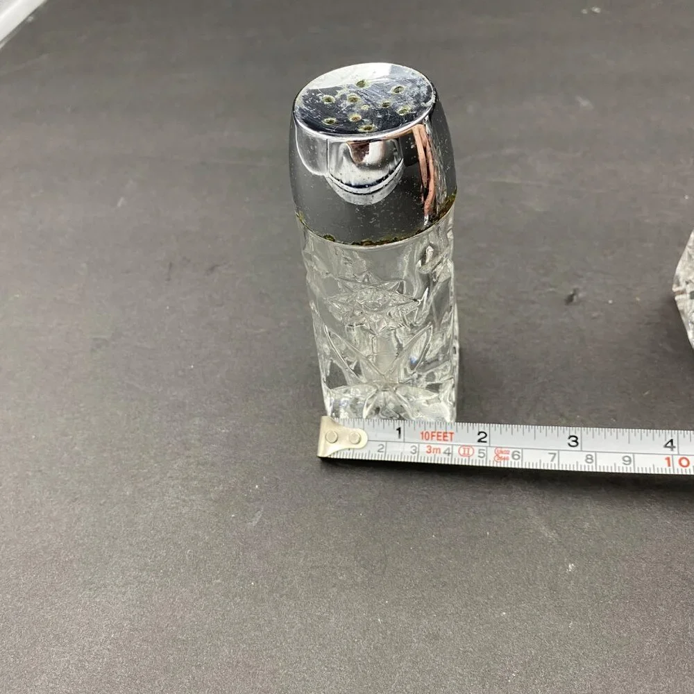 Vintage Crystal‎ Salt & Pepper Shakers With Chrome Tops Starburst Pattern MCM